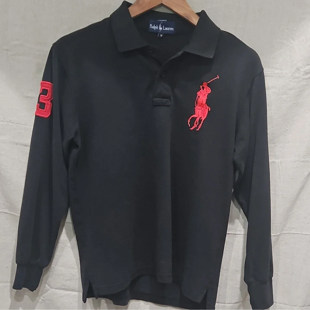 Ralph Lauren Big Pony Black Men's Polo Shirt M Solid Long Sleeve Button Collar